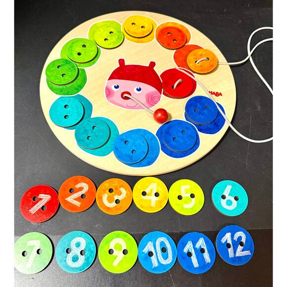 Haba wooden Rainbow Caterpillar Counting Threading Game colors numbers lacing - Picture 2 of 9